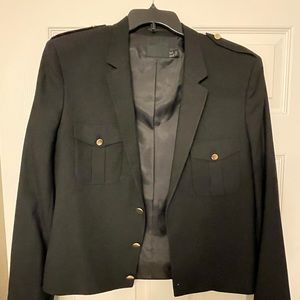 Asos design skinny crop blazer with gold buttons and tabs.